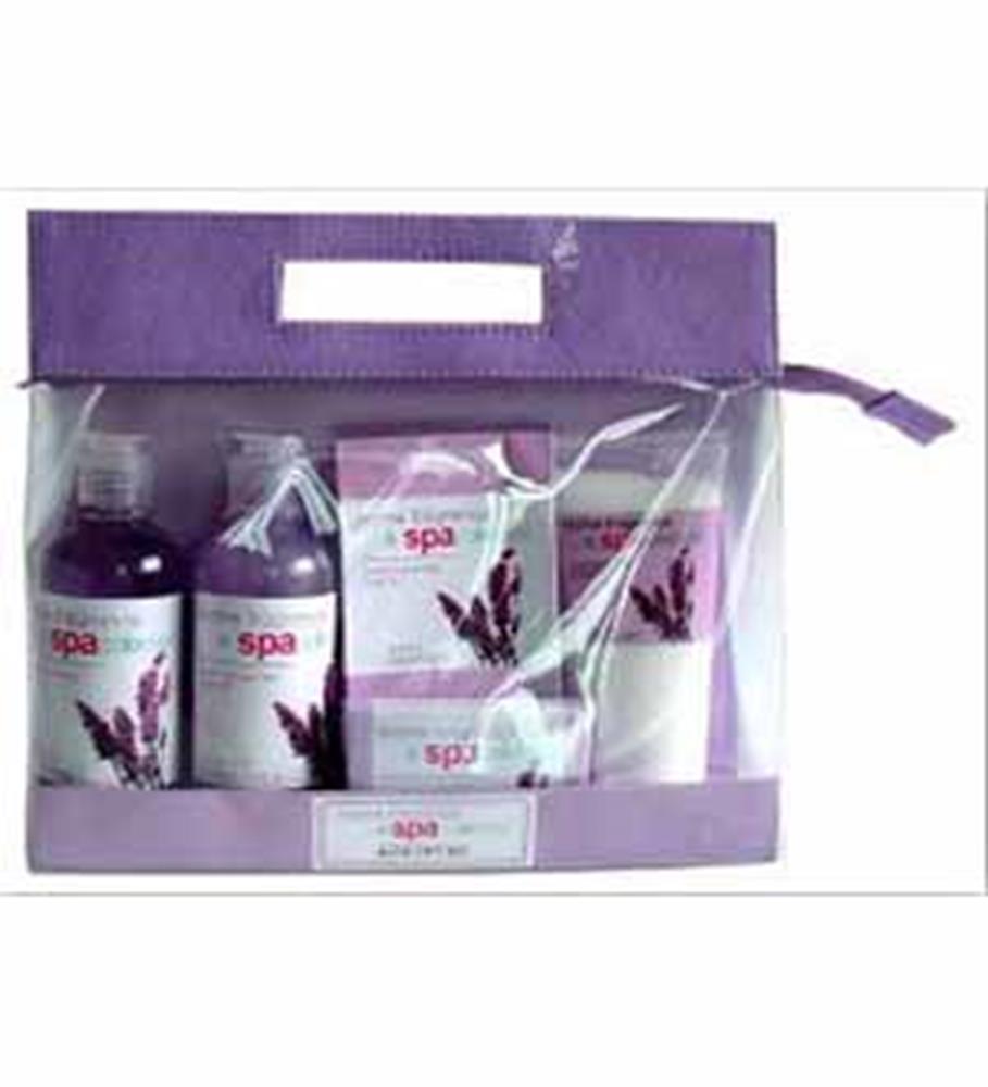 Five-piece lavender bath gift set with purple liquid soap, lotion, bath salts, and two tubes in a clear bag with purple trim