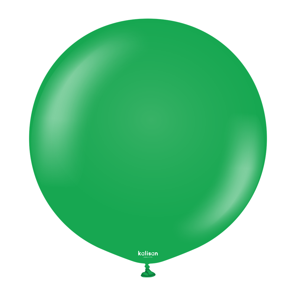 Large round 36-inch glossy green latex balloon with a tied end and small white logo near the bottom.