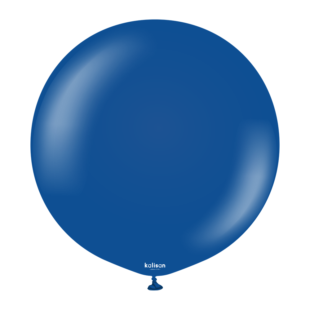 Large round dark blue latex balloon with a glossy finish and small tied end.