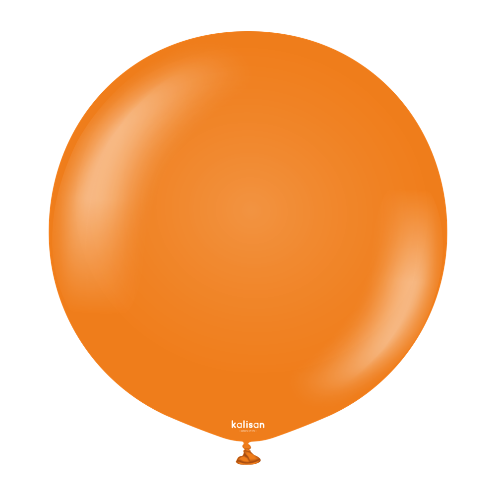 Large round bright orange latex balloon inflated, smooth surface with a small tied end at the bottom.