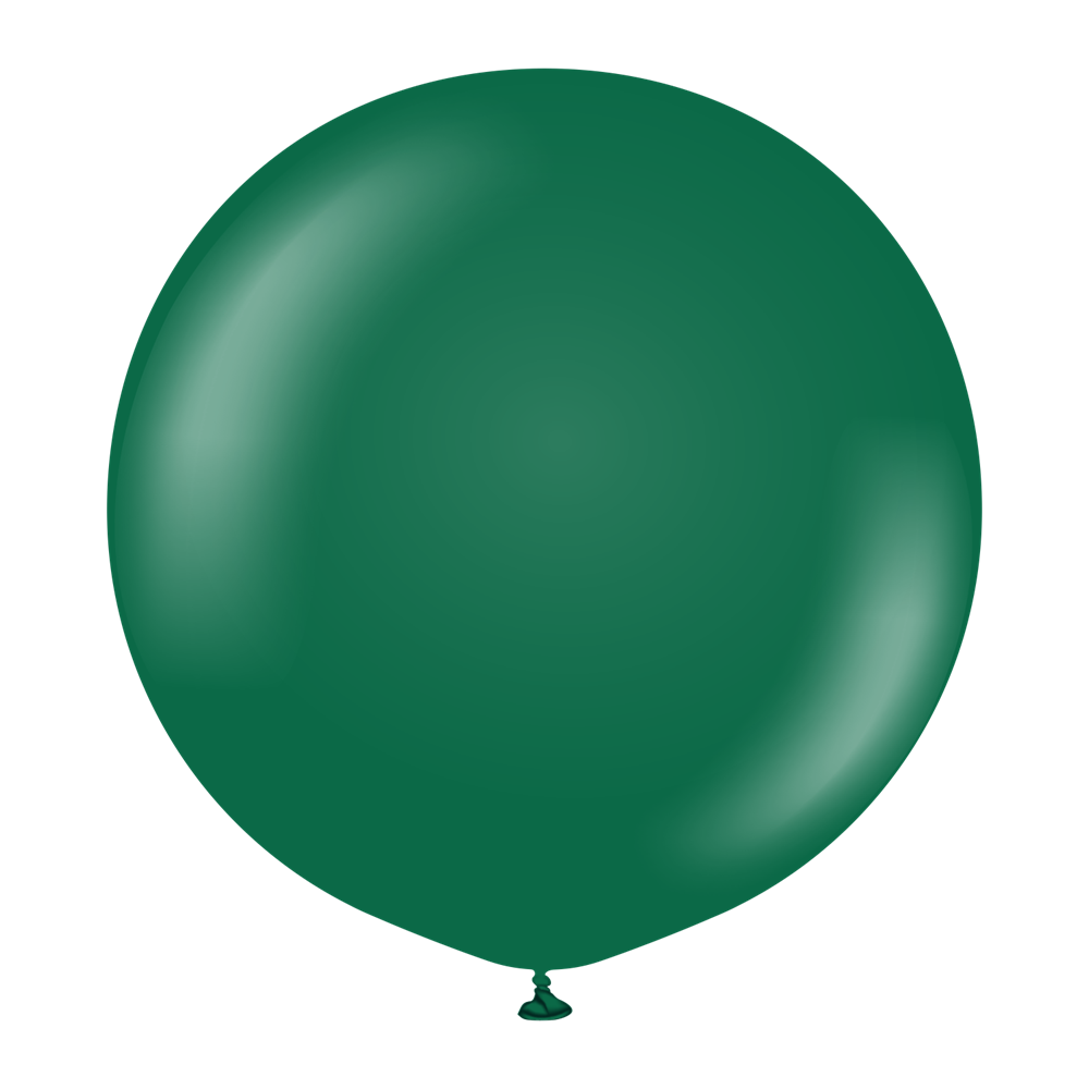 Large round dark green latex balloon with a smooth shiny surface and a knotted end.