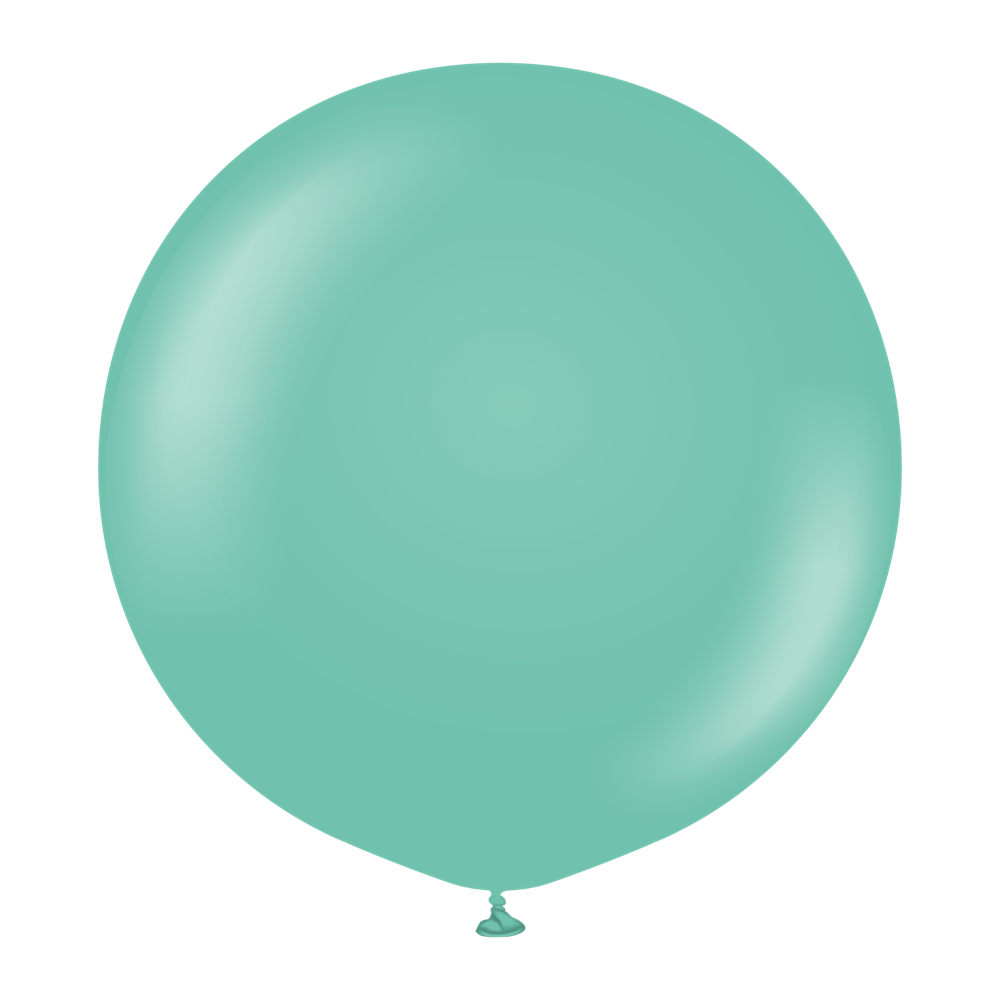 Sea green, round 36-inch latex balloon with smooth surface and tied end.