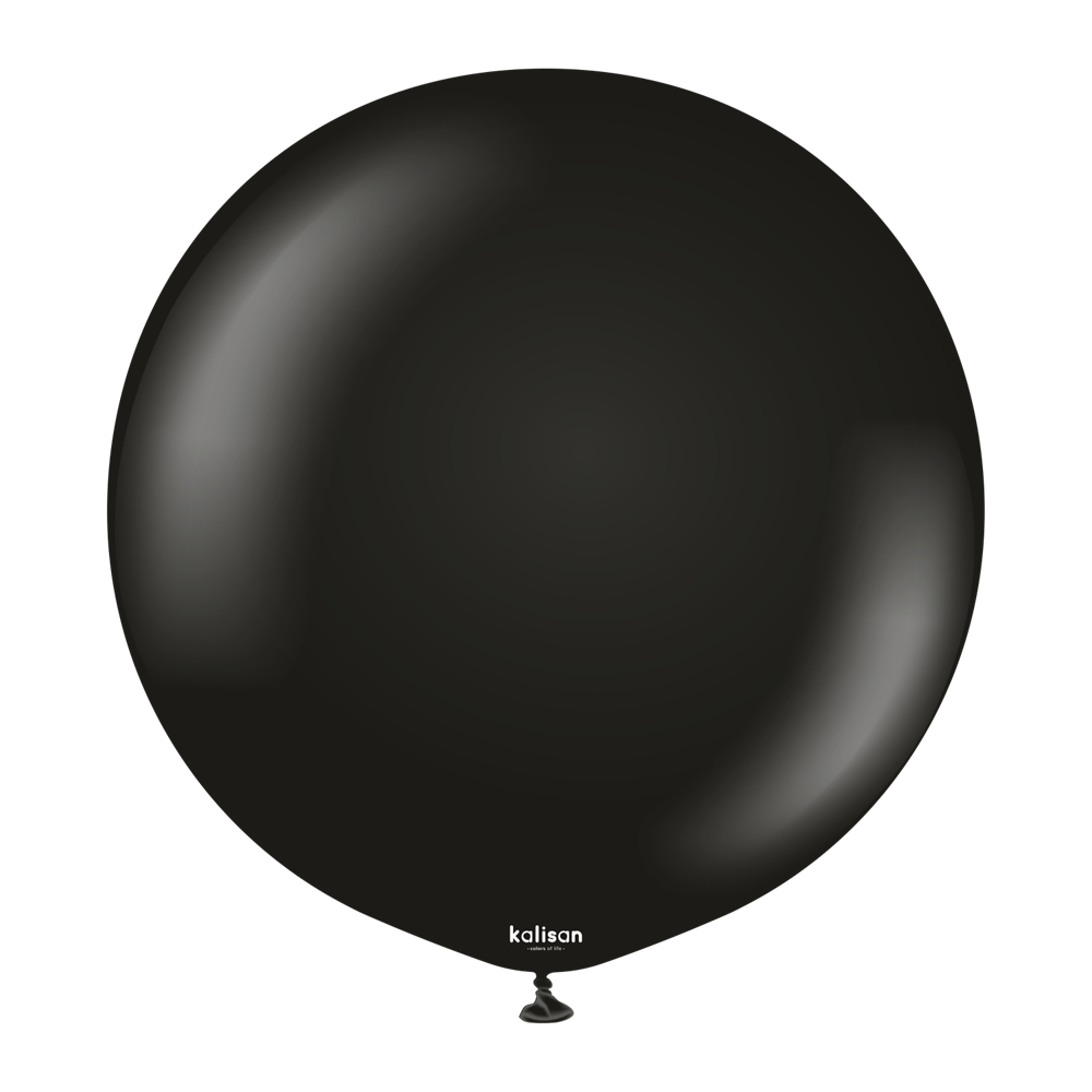 36-inch round black latex balloon with a small tied end at the bottom and subtle gloss finish.