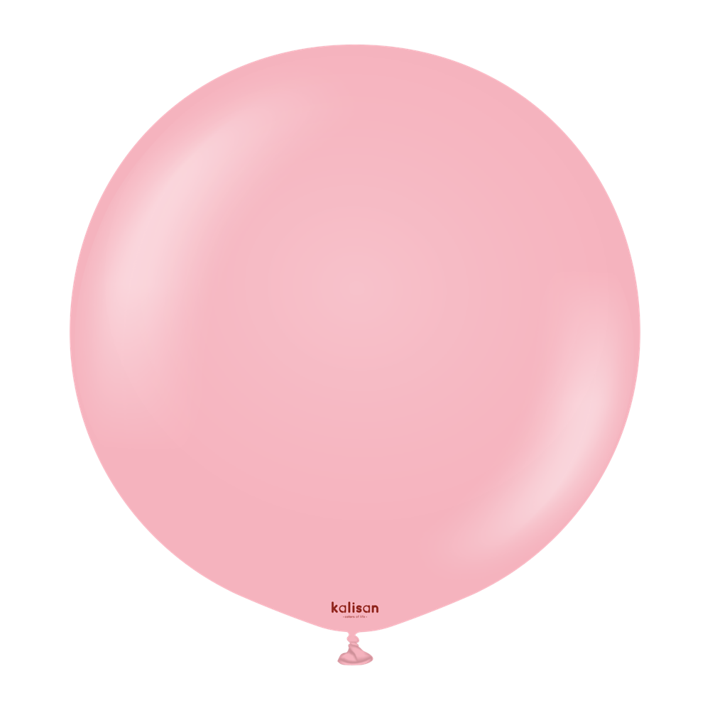 Large round flamingo pink balloon with a smooth surface and a small tied end at the bottom.
