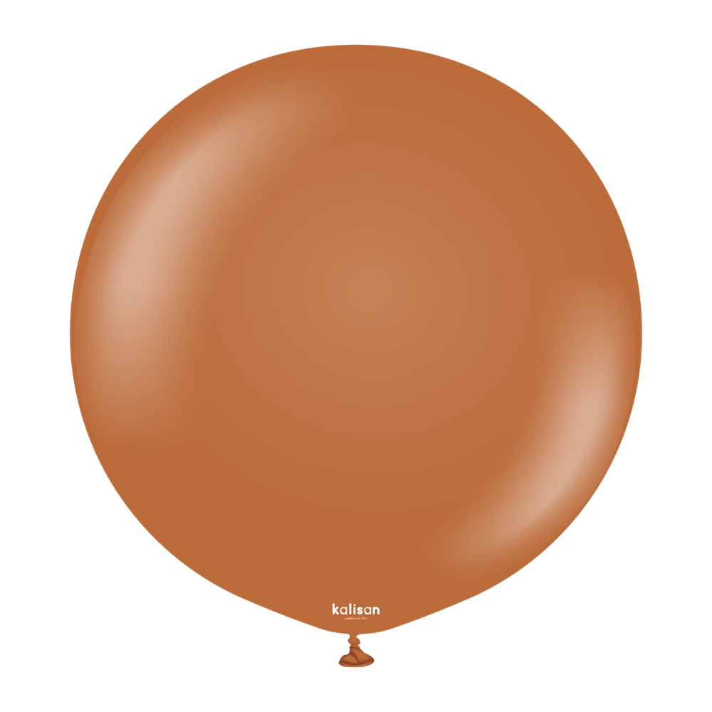 Round caramel brown latex balloon with a glossy finish and small tied end.