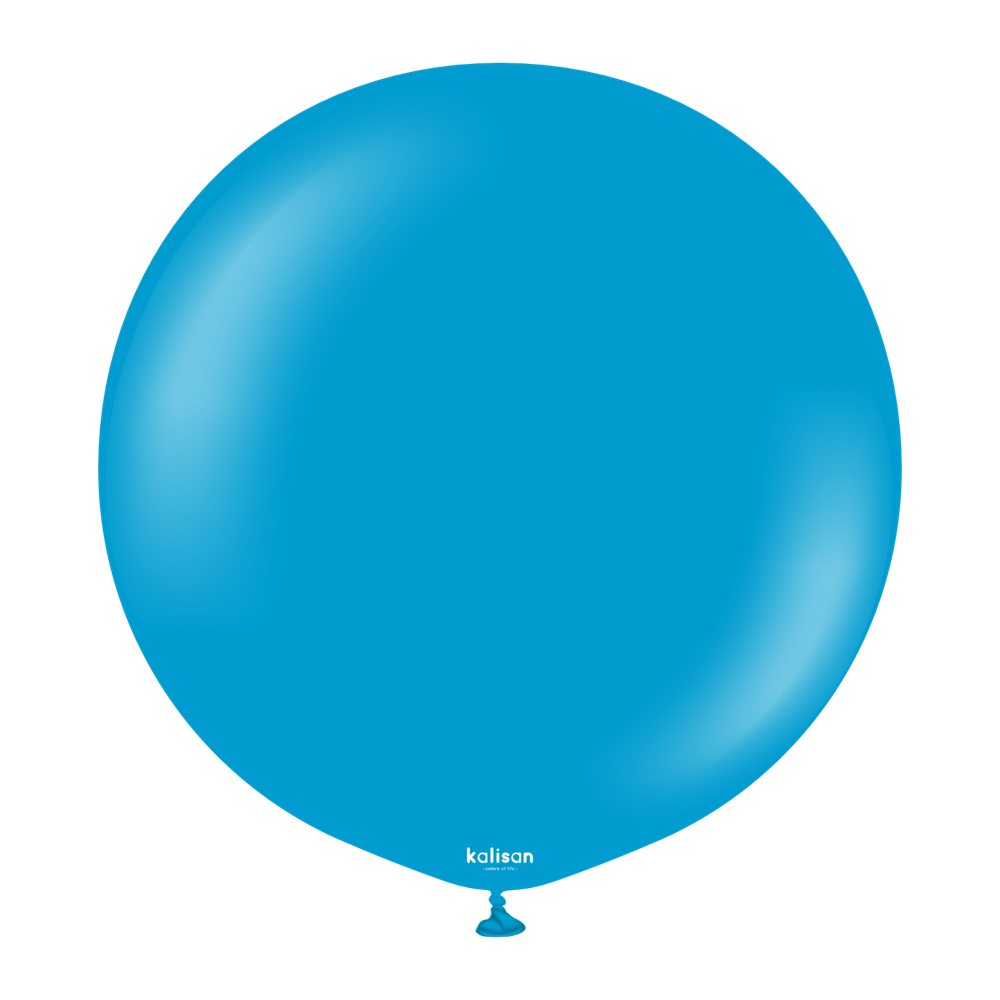 36-inch round Caribbean blue latex balloon with glossy finish and small tied end.