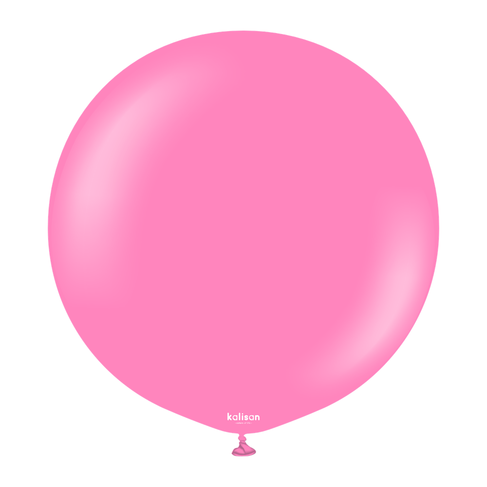 Round oversized pink latex balloon with smooth surface and tied end.