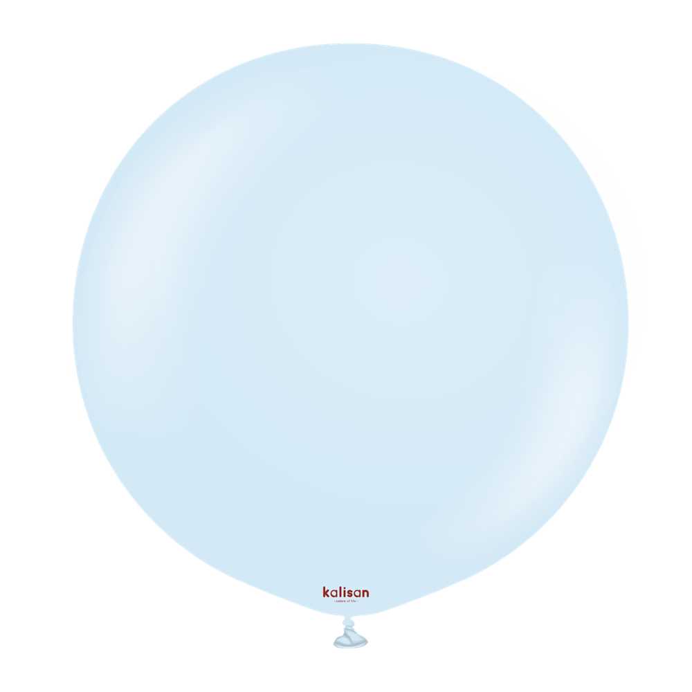 36-inch round baby blue latex balloon with a smooth surface and small red Kalisan logo near the tied end.