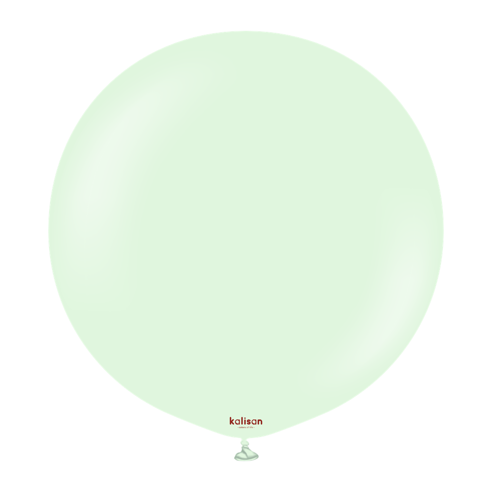 Pale green round balloon with a glossy surface and small red "kalisan" logo near the tied end.