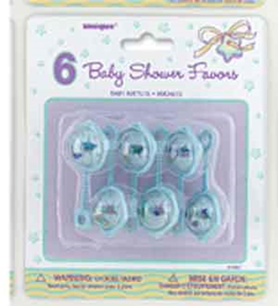 Set of six light blue plastic baby rattles with star-shaped cutouts, 2.5 inches each, packaged for baby shower favors.