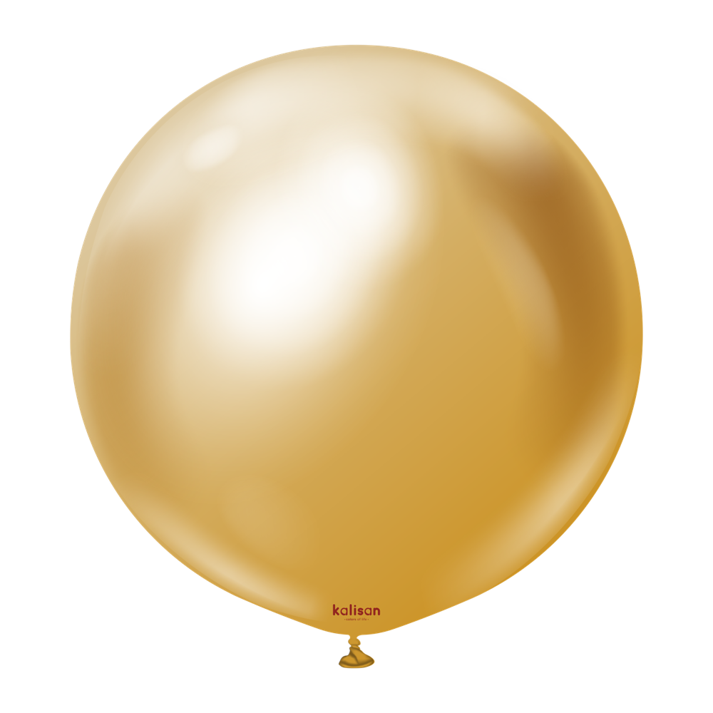 36-inch round gold latex balloon with a shiny mirror-like finish.