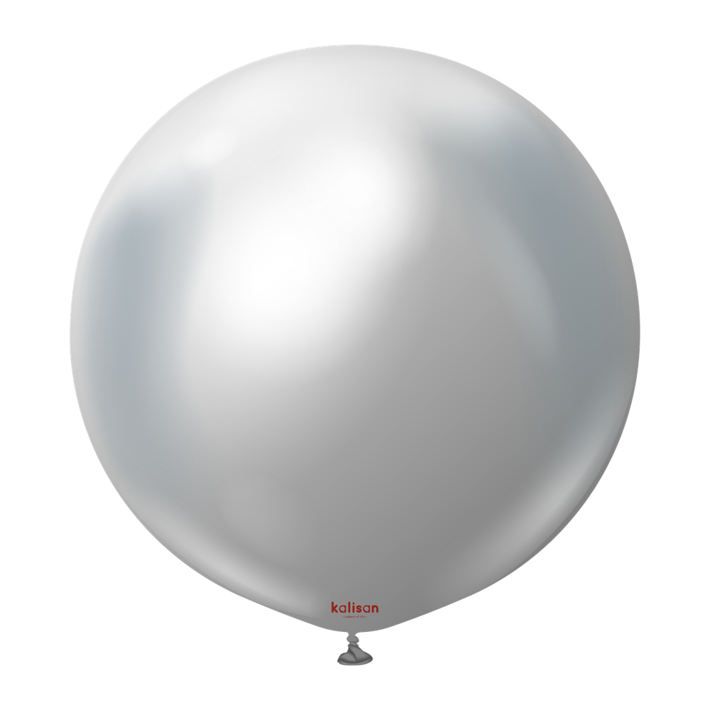 36-inch large round silver mylar balloon with glossy reflective surface and small valve at the bottom.