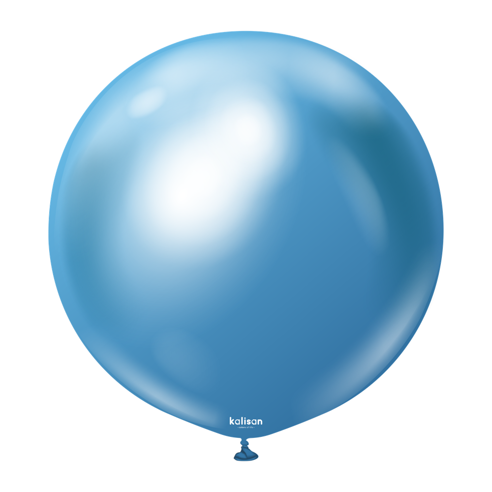 Glossy light blue round latex balloon inflated with a small tied knot at the bottom.