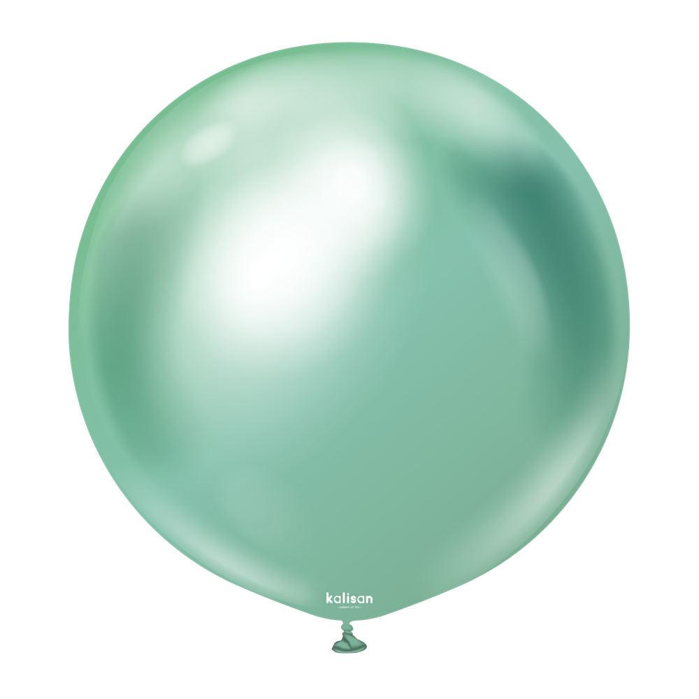 36-inch round green latex balloon with a shiny, smooth surface and a small tied end.
