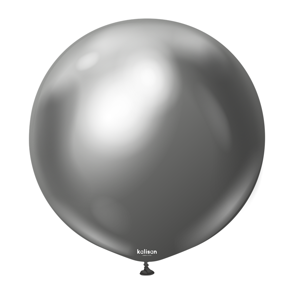 Round metallic space grey balloon with a glossy reflective surface and a small tied end.