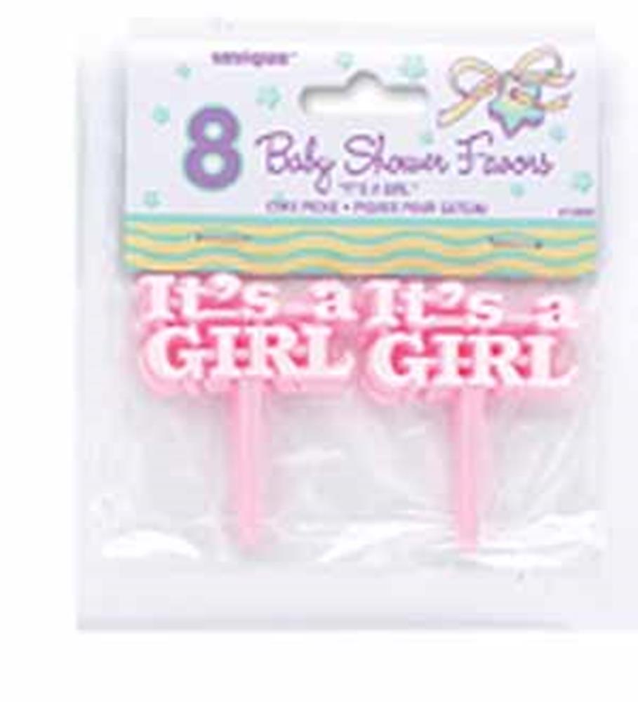 Pink plastic cake picks with "It's a GIRL" text, set of 8 for baby showers.