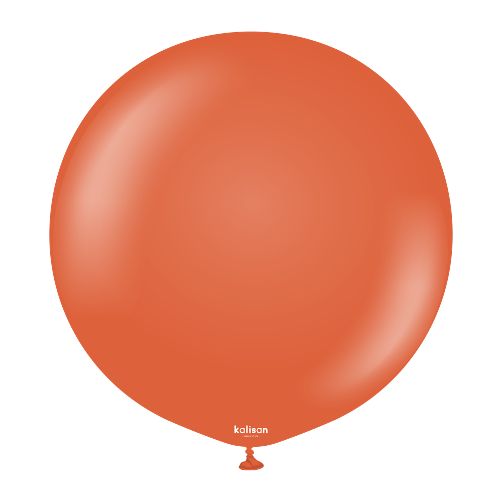 Large round rust orange latex balloon with a smooth matte finish and small knotted neck at the bottom.