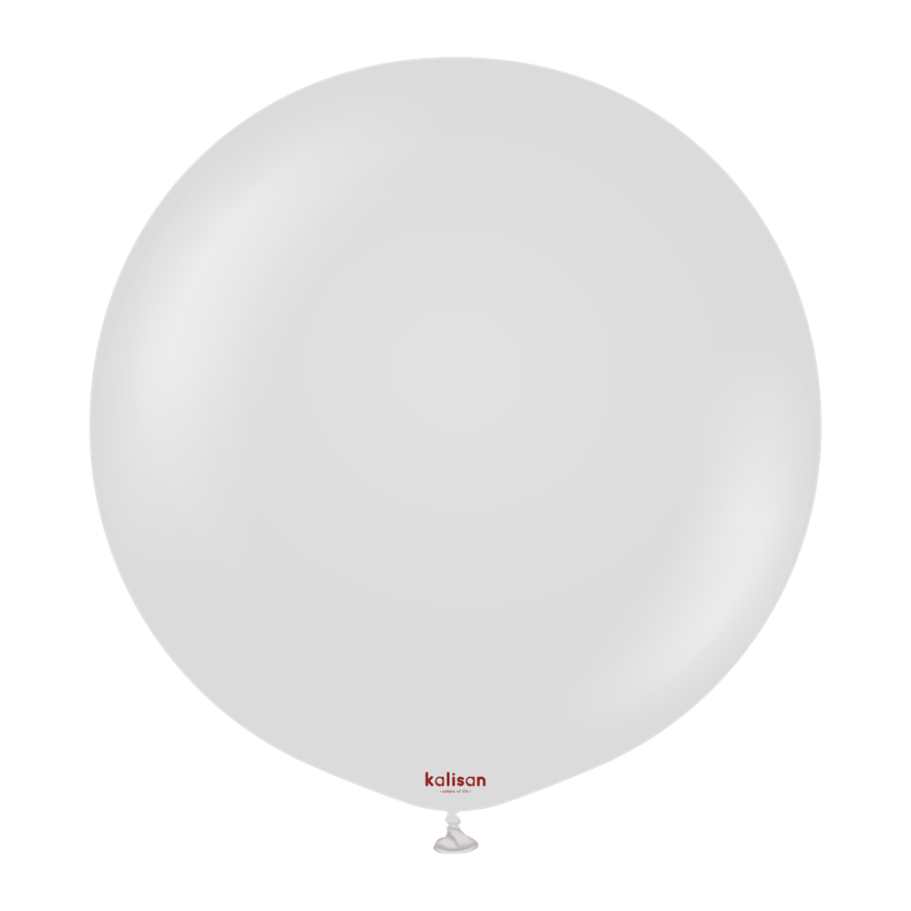 36-inch round white latex balloon with small red "kalisan" logo near the bottom and tied end visible.