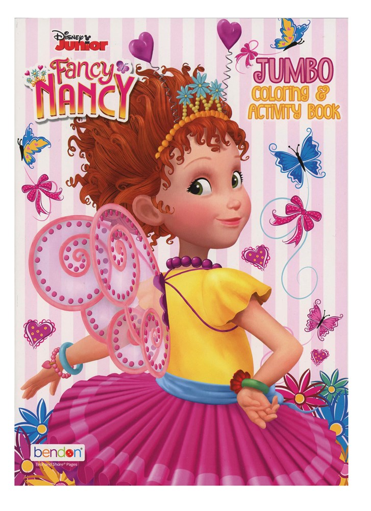 Fancy Nancy coloring and activity book with a pink fairy wings theme, featuring a curly red-haired girl in a yellow top and.
