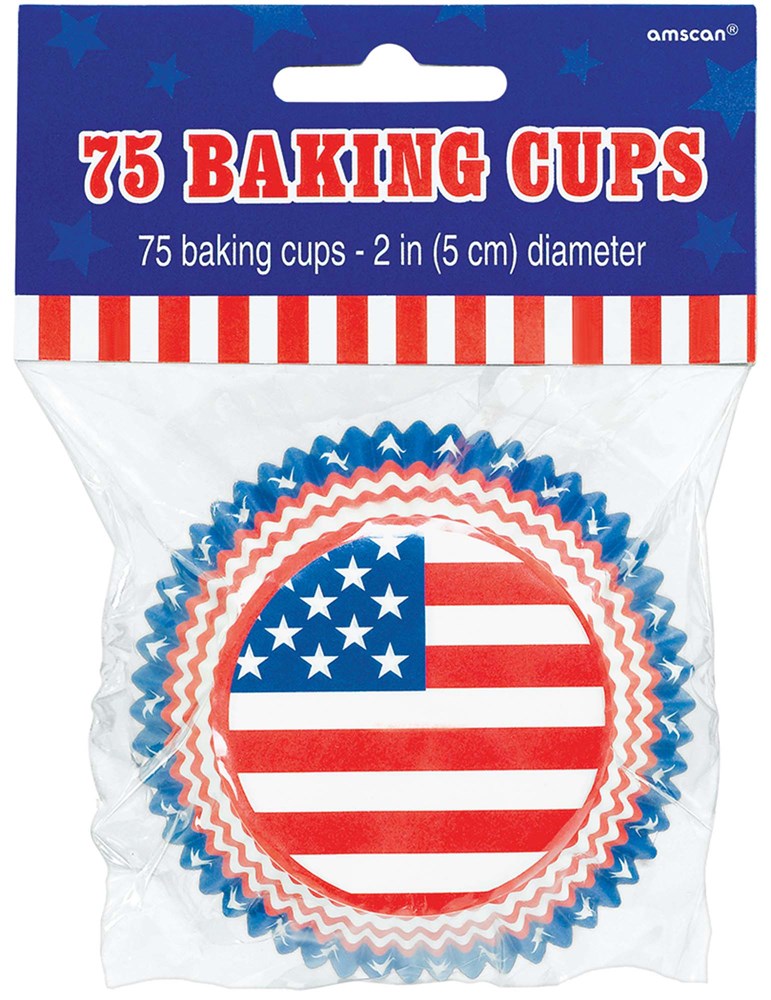 Round baking cups with American flag design featuring red and white stripes and white stars on a blue background.