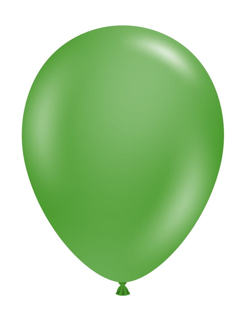 Bright green latex balloon inflated to show smooth, glossy surface and teardrop shape.