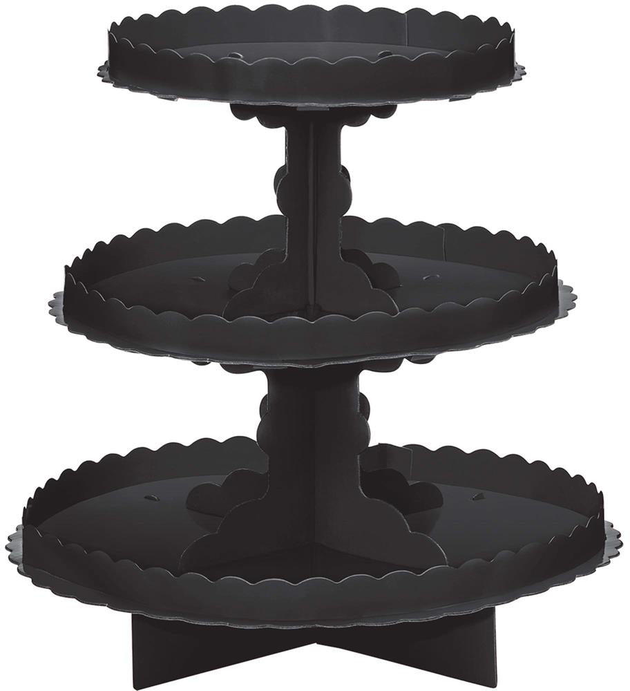 Three-tier black metal treat stand with scalloped edges and round trays.
