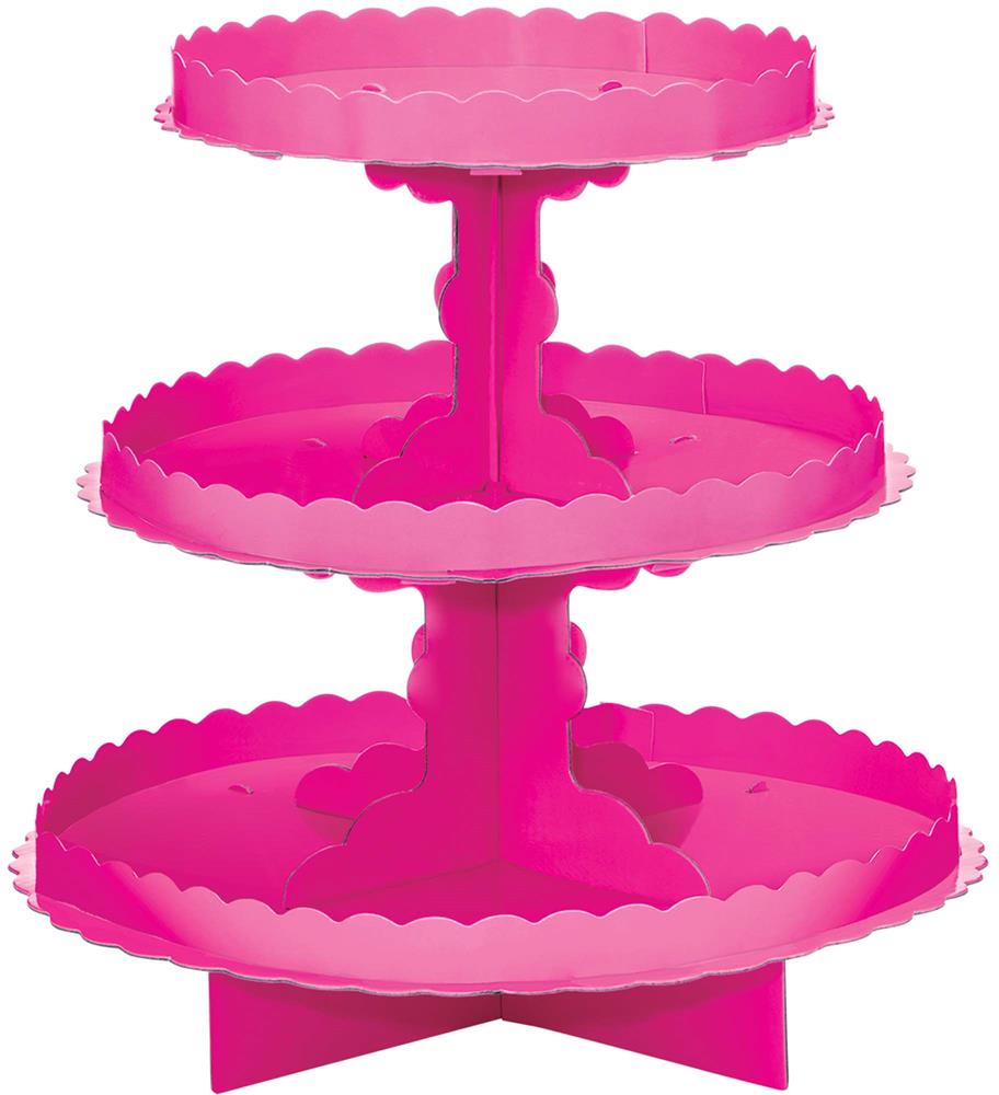 Three-tier bright pink metal treat stand with scalloped edges and central support columns.