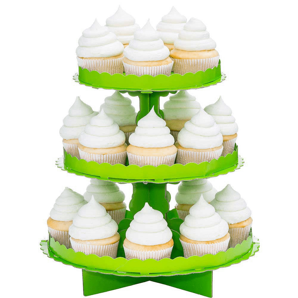 Three-tiered bright green treat stand holding cupcakes with chocolate frosting swirls.