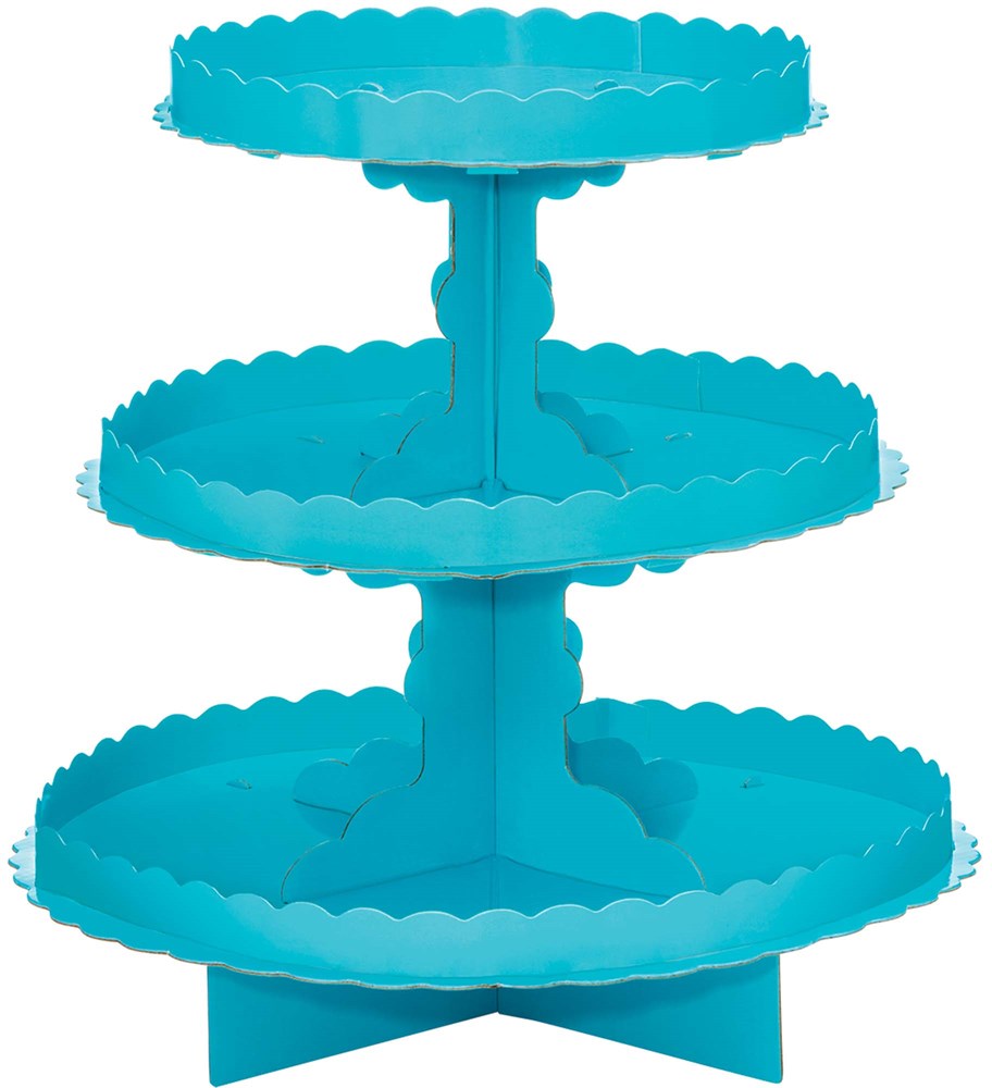 Three-tiered Caribbean blue plastic treat stand with scalloped edges on each round tray.