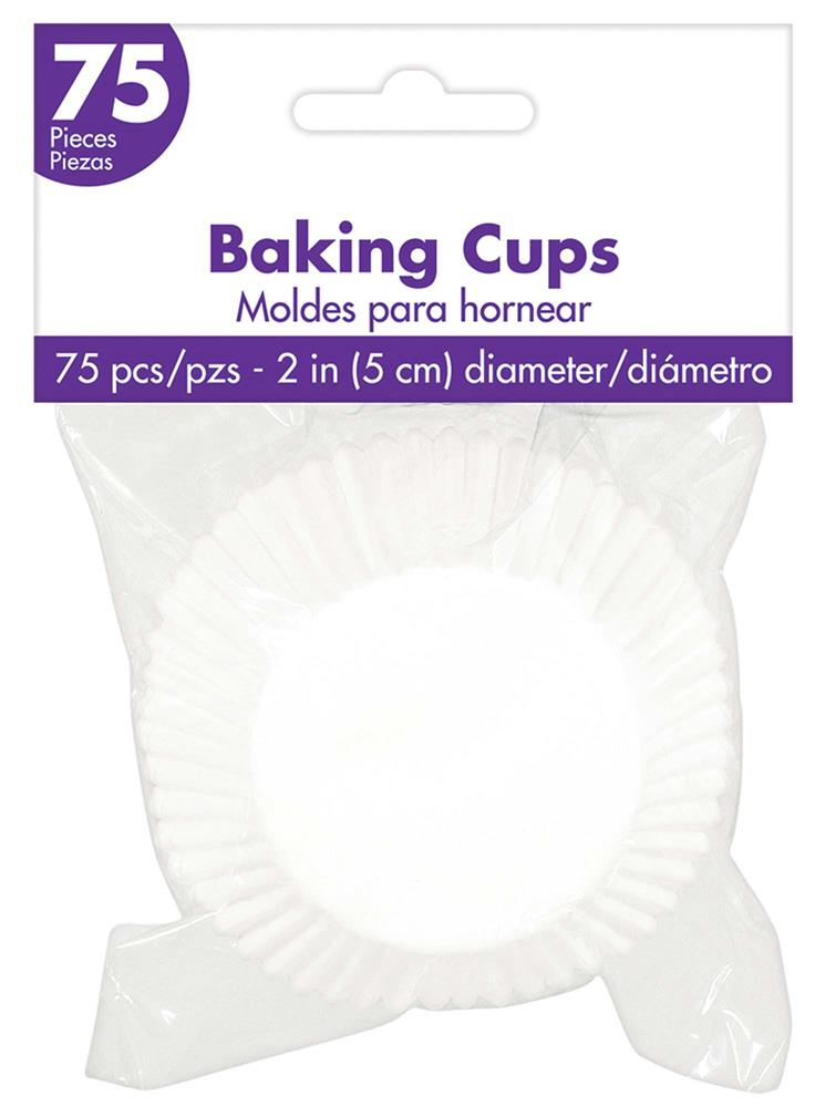 White 75-count baking cups, 2-inch diameter, stacked inside clear plastic packaging.
