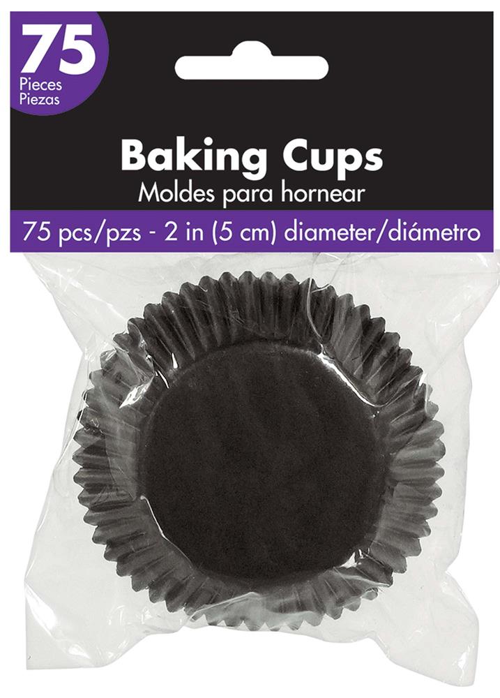 Pack of 75 black 2-inch diameter cupcake baking cups in clear plastic packaging with purple label.