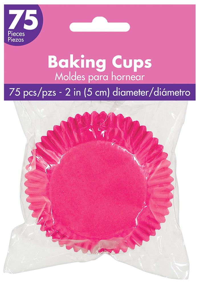 Bright pink paper cupcake liners, 75 count, 2-inch diameter in clear plastic packaging with purple label.