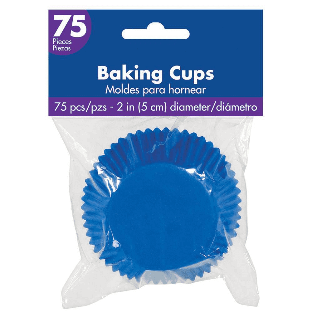 Bright royal blue cupcake liners in a pack of 75 with ridged sides and flat base.