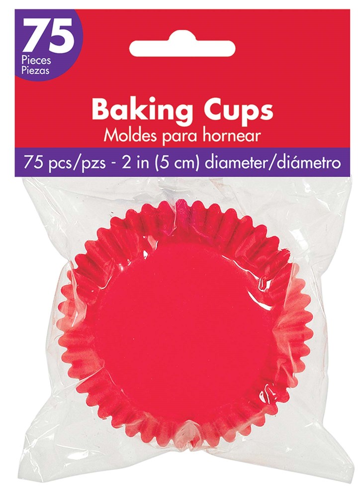 Pack of 75 red apple-colored 2-inch paper cupcake baking cups in clear plastic bag.