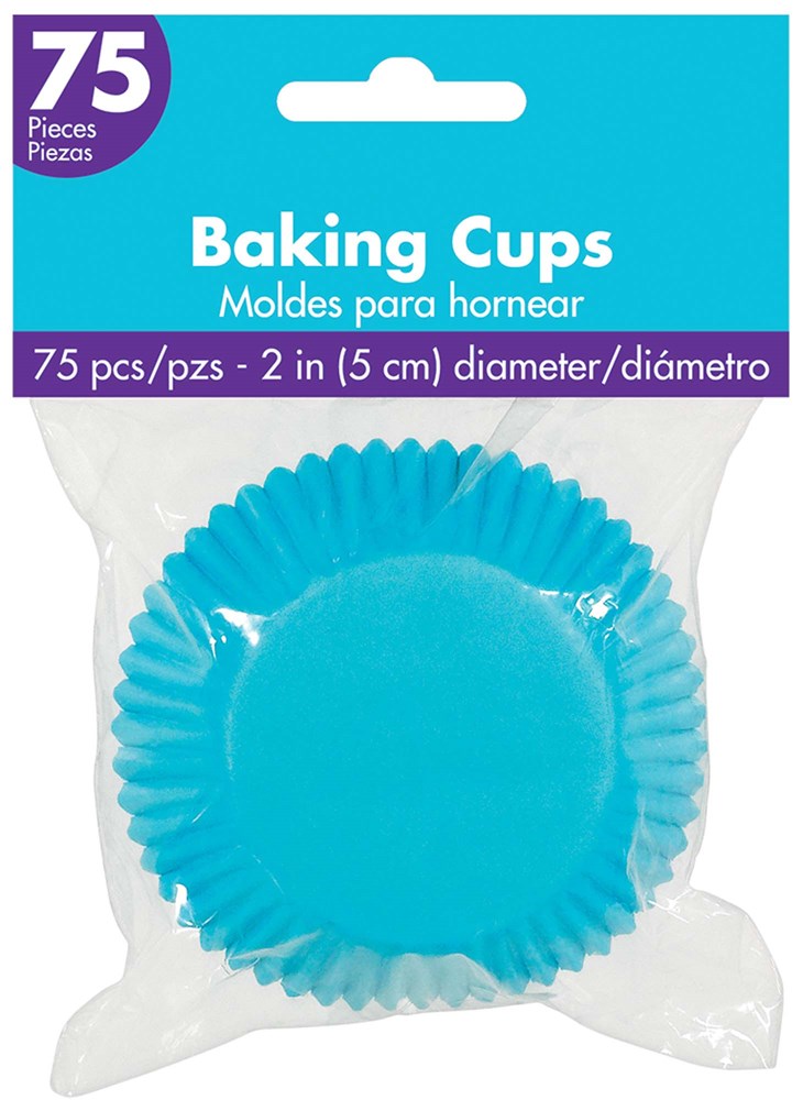 Pack of 75 Caribbean blue cupcake baking cups, 2-inch diameter, fluted paper liners.