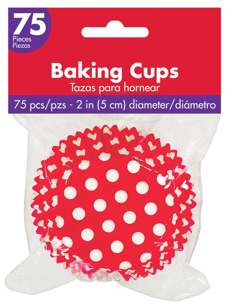 Red cupcake liners with white polka dots, 2-inch diameter, pack of 75 baking cups.