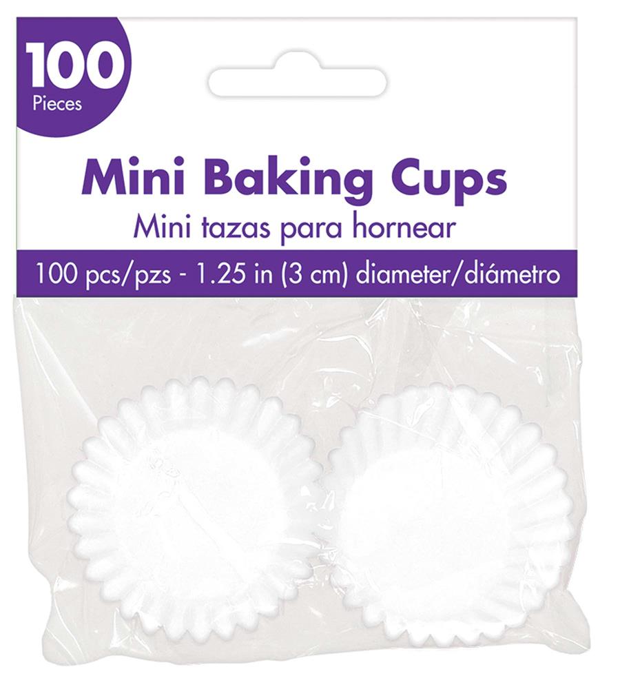White mini cupcake cases 1.25-inch diameter 100-count pack with purple and white label.