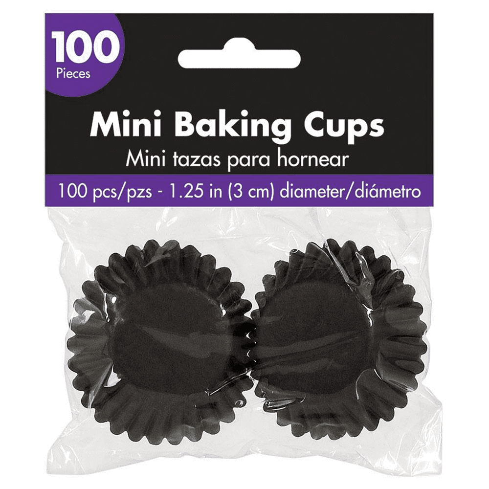 Black mini cupcake liners in a 100-piece pack, 1.25-inch diameter, scalloped edges.