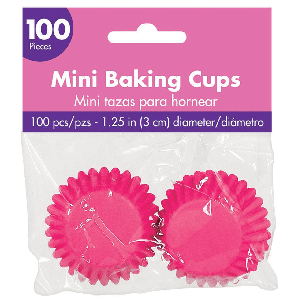Bright pink mini cupcake baking cups in a clear plastic pack with purple and pink label.