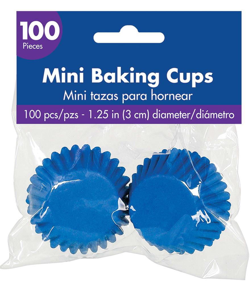 Bright royal blue mini baking cups, 1.25-inch diameter, pack of 100 pieces in clear plastic bag.