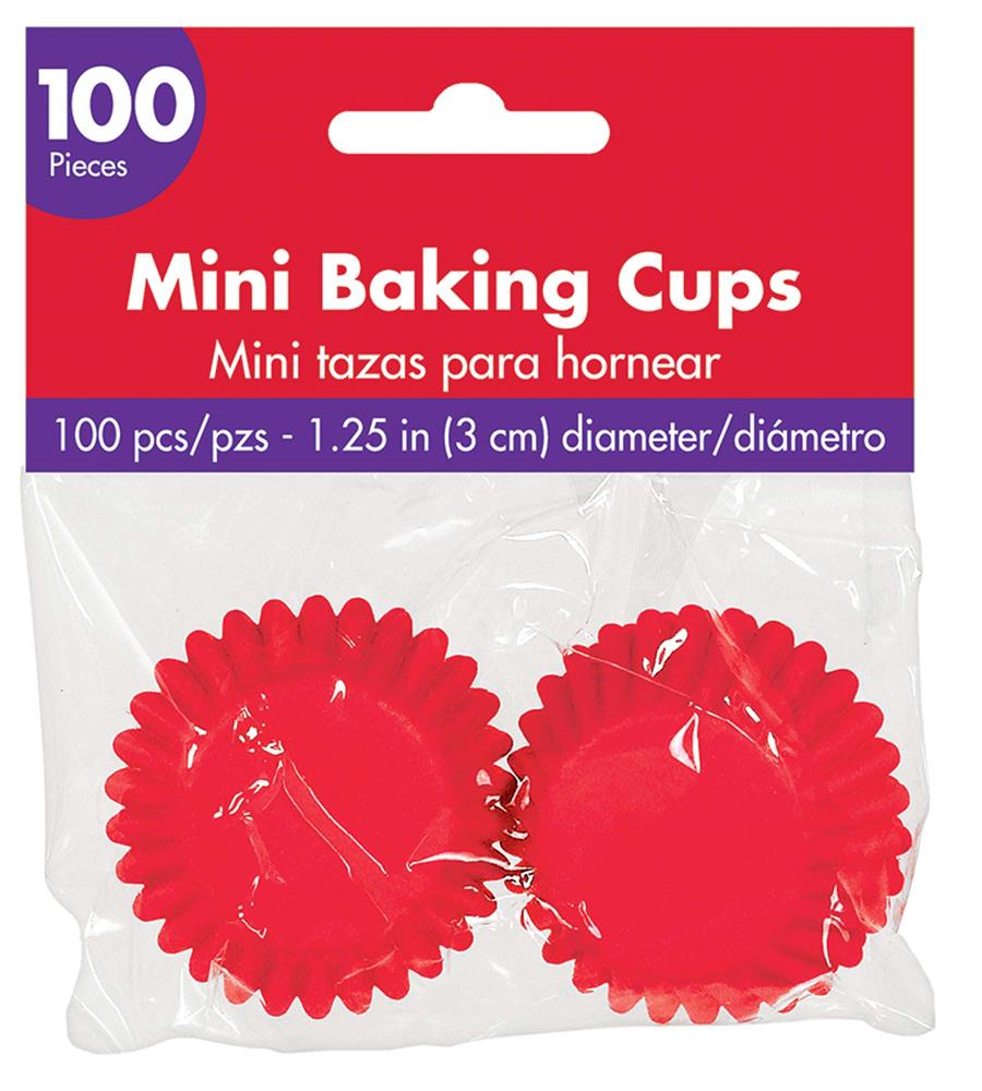 100 red mini baking cups with scalloped edges in clear packaging with red and white label.