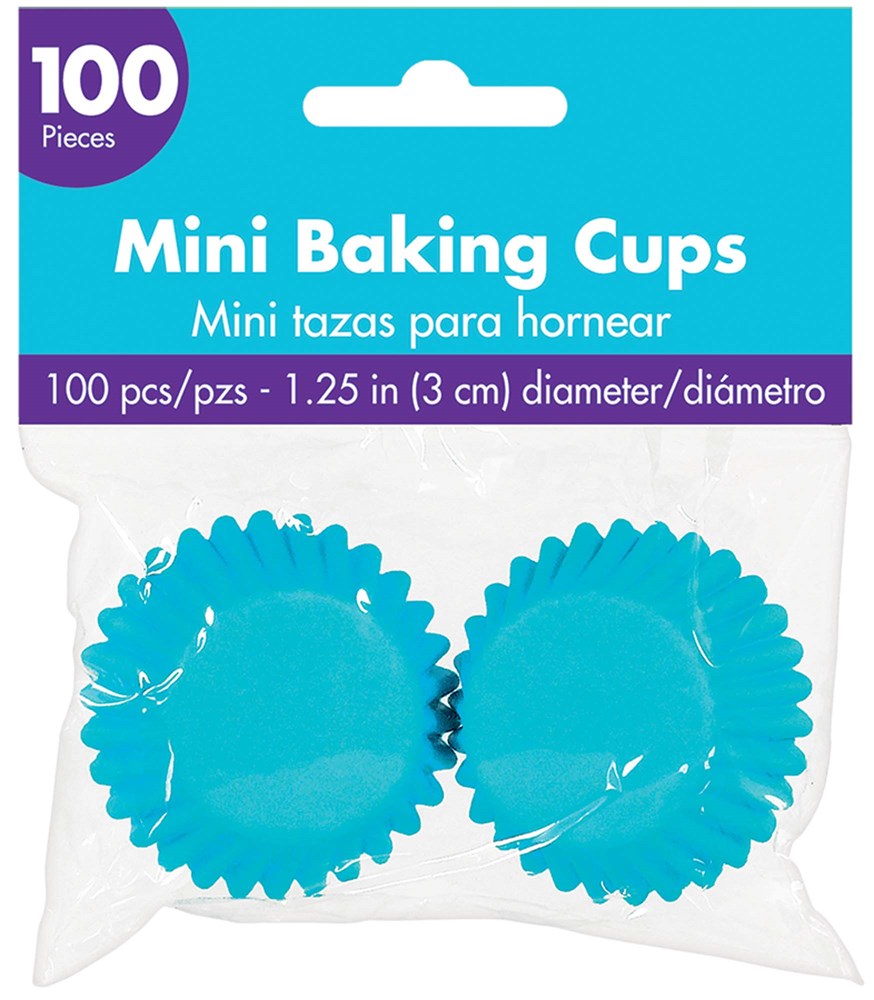 100-pack Caribbean blue mini baking cups, 1.25-inch diameter, scalloped edges.