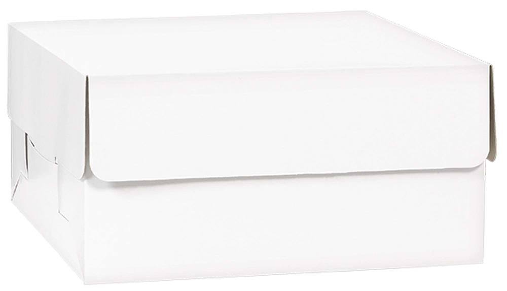 White square cardboard cake box with a tuck-in lid, 10 x 10 x 5 inches, plain design.