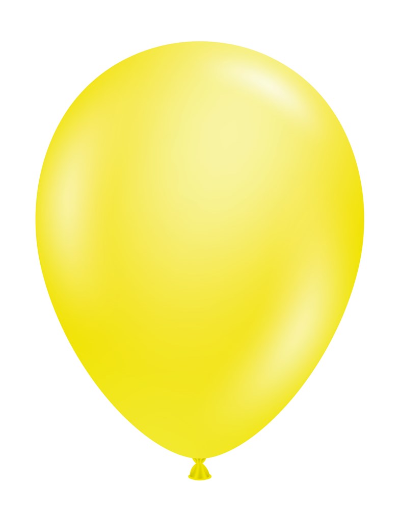 Glossy clear yellow latex balloon inflated, teardrop shape, 11 inches tall.