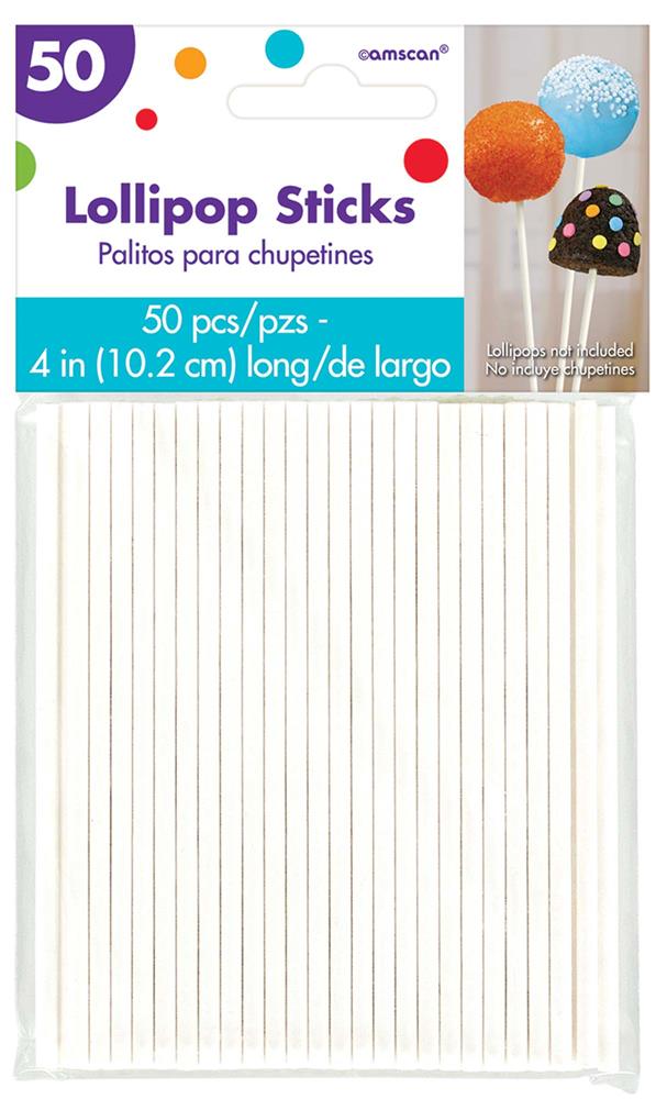 White paper lollipop sticks, 4 inches long, 50 count pack with decorative cake pops on packaging.