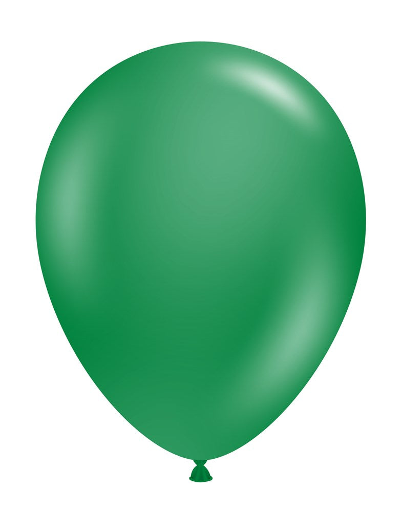 Glossy emerald green latex balloon, 14-inch oval shape, tied at the bottom.