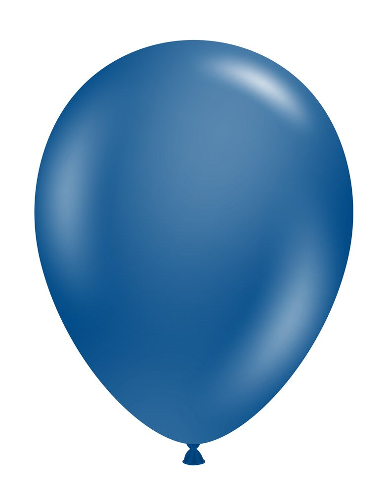 Round sapphire blue latex balloon measuring 14 inches, smooth and glossy surface.