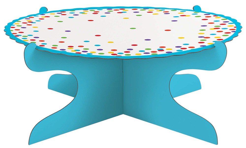 Round cake stand with rainbow confetti pattern on white top and curved blue base.