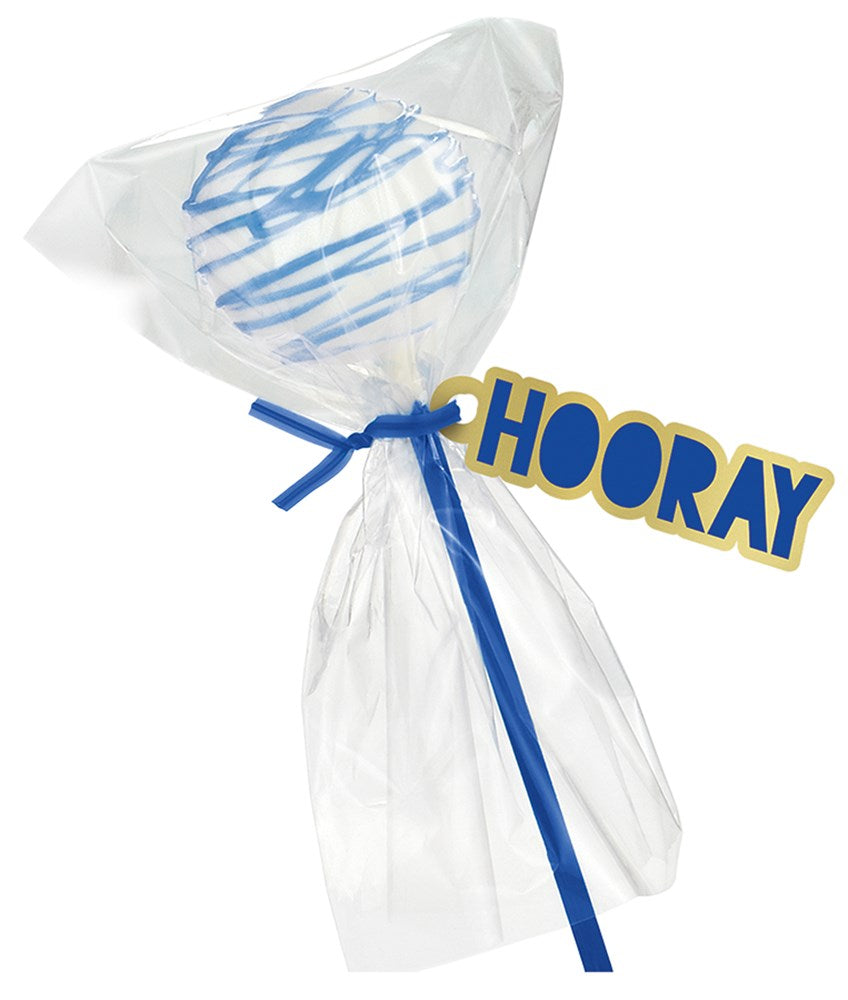 Bright royal blue lollipop with white swirls, wrapped in clear plastic and tied with a blue twist tie and “HOORAY” tag.