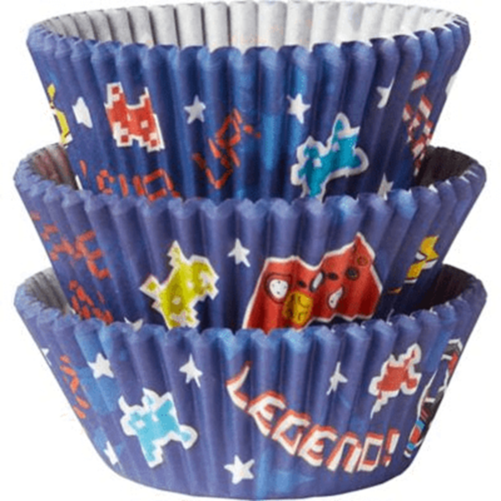 Blue baking cups with colorful dog and bone illustrations, perfect for boys' birthday parties.